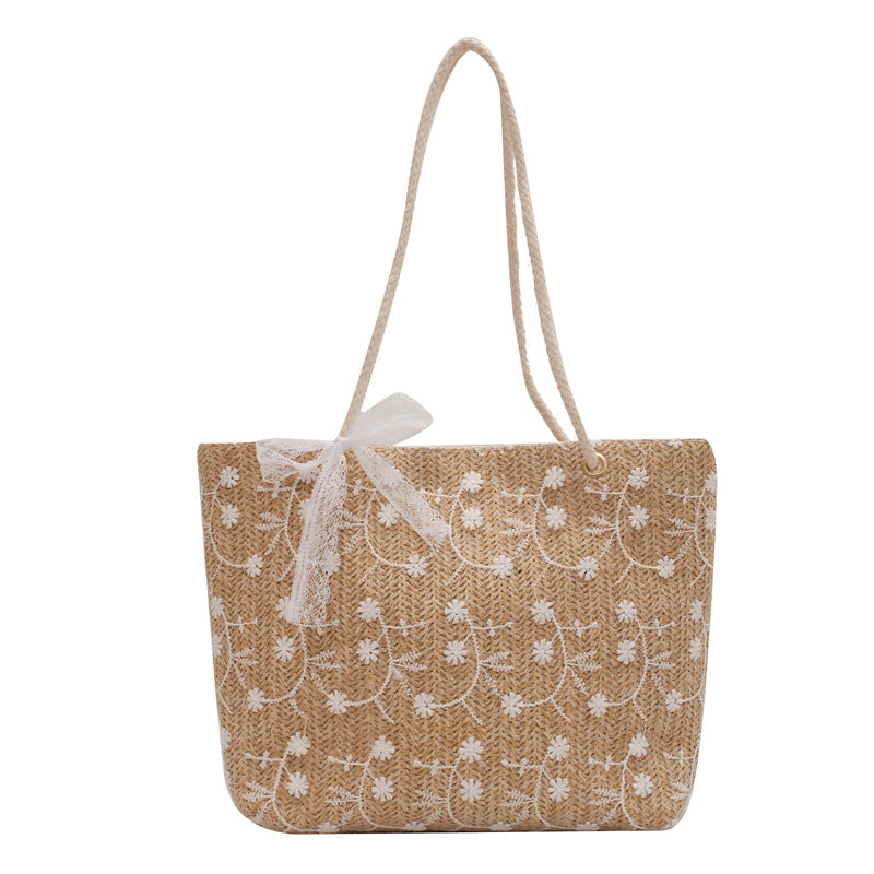 New Korean Style Women's Tote Straw Lace Embroidered Shoulder Bag Large Capacity Fashion Bucket Bag Women's Everyday Joker Handbag