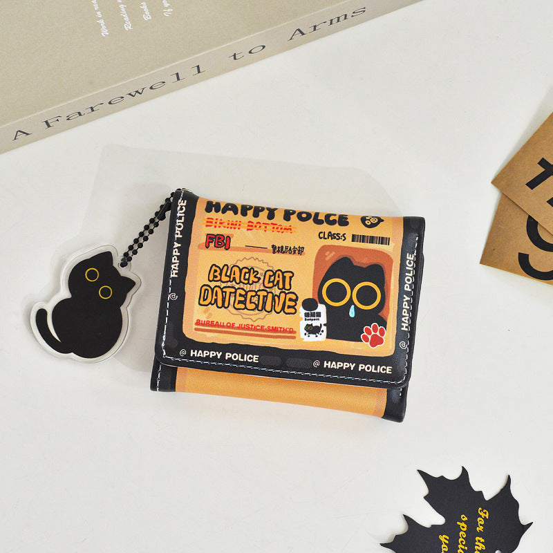 Cute Cartoon Foldable Wallet with Black Cat Detective Design, Multi-Card Slots and Chain Pendant for Women and Students