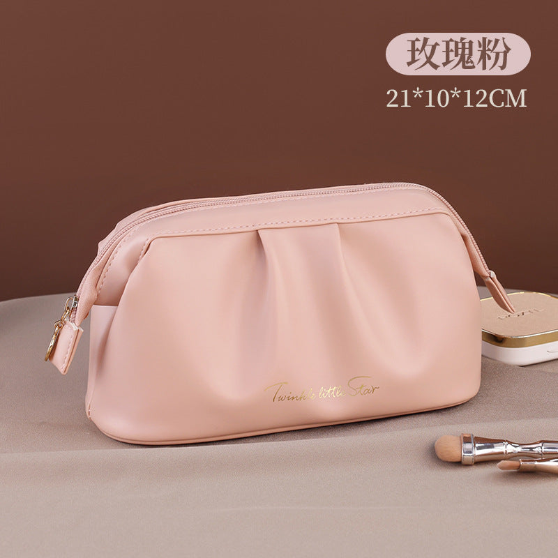 Elegant PU Waterproof Makeup Bag with Lettering Design, Large Capacity Travel Cosmetic Pouch for Women, Urban Minimalist Style