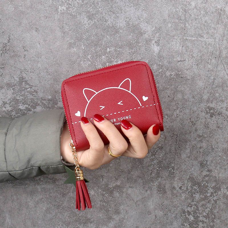 Cute Cat Zipper Wallet with Tassel Charm for Women, Stylish Card Holder and Coin Purse with Sweet Animal Design