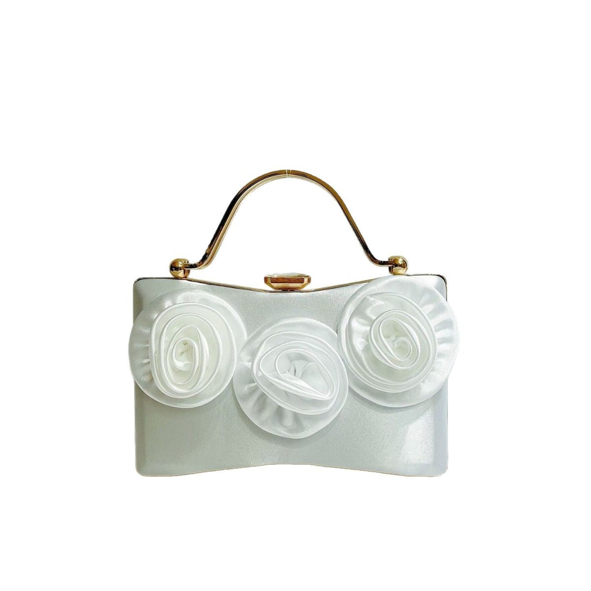Elegant Floral Satin Clutch Bag with Gold Handle for Party and Evening Events