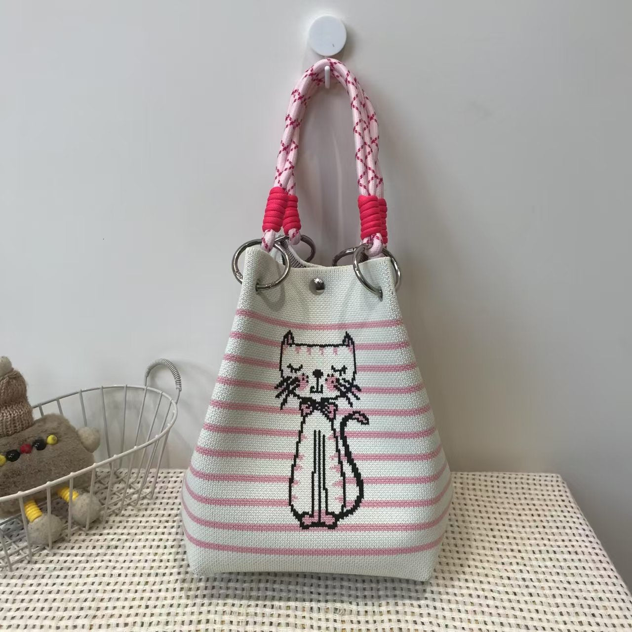 Black and White Rhombus Knitted Tote Bag Women's Casual Versatile Large Capacity Messenger Bag Handbag