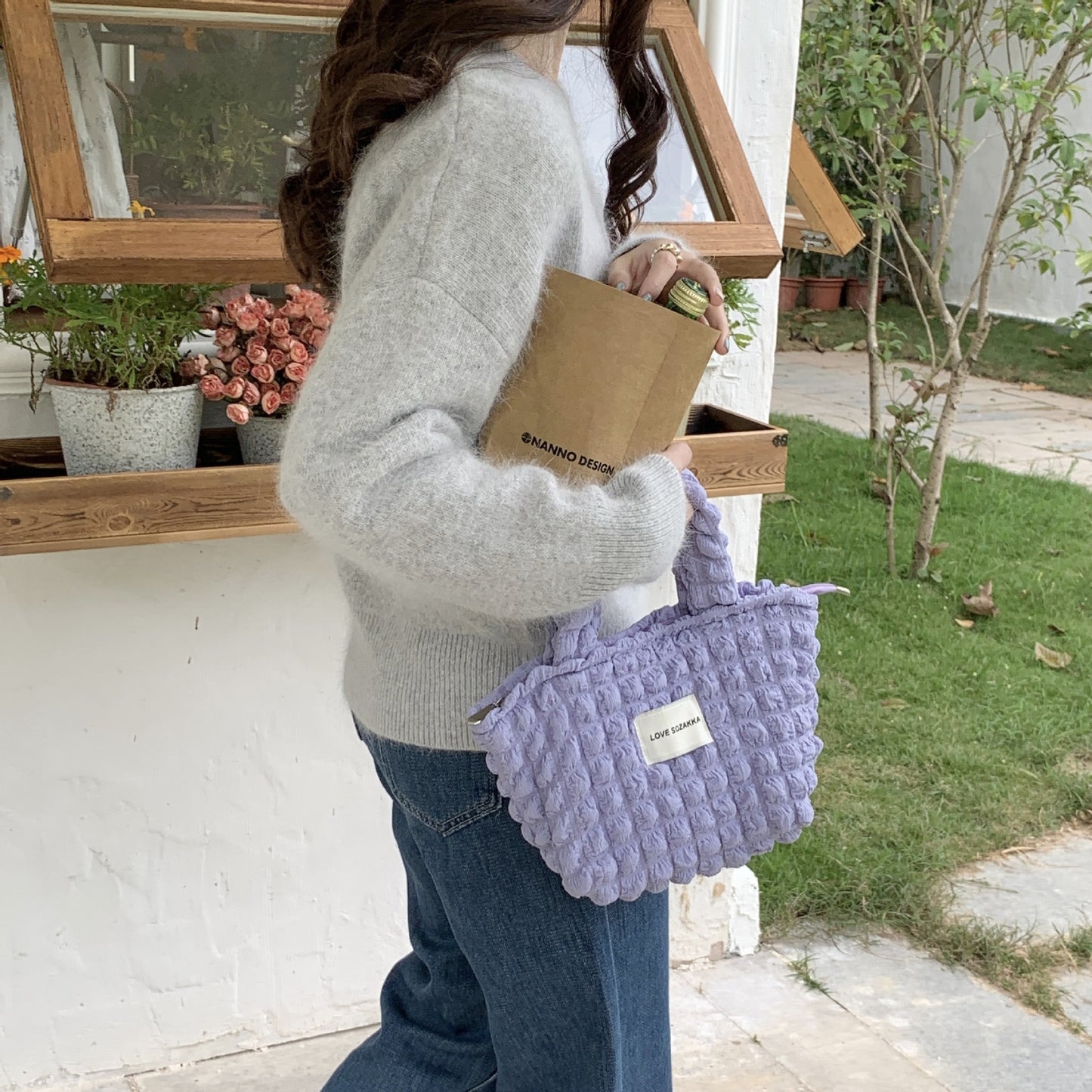 Bubble Handbag Women's Korean-Style Portable Canvas Bag Casual Idle Style Portable Tote Bag