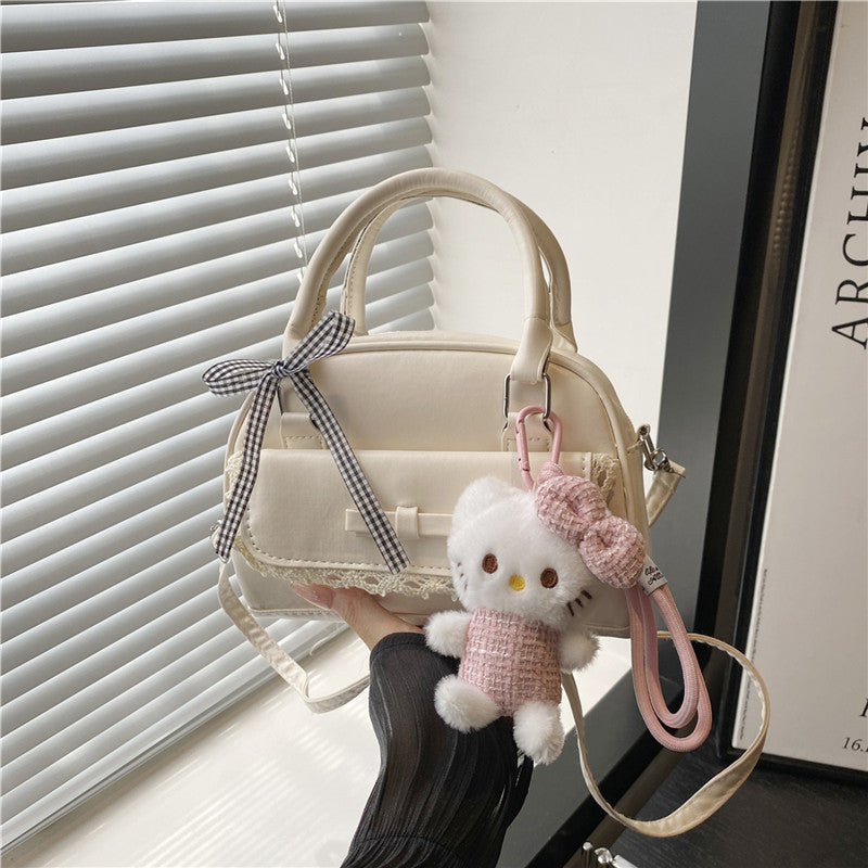 2025 Trendy Minimalist Bow Handbag for Women, Fashionable Crossbody Bag with Cute Plush Charm, Elegant Bowling Shape Design