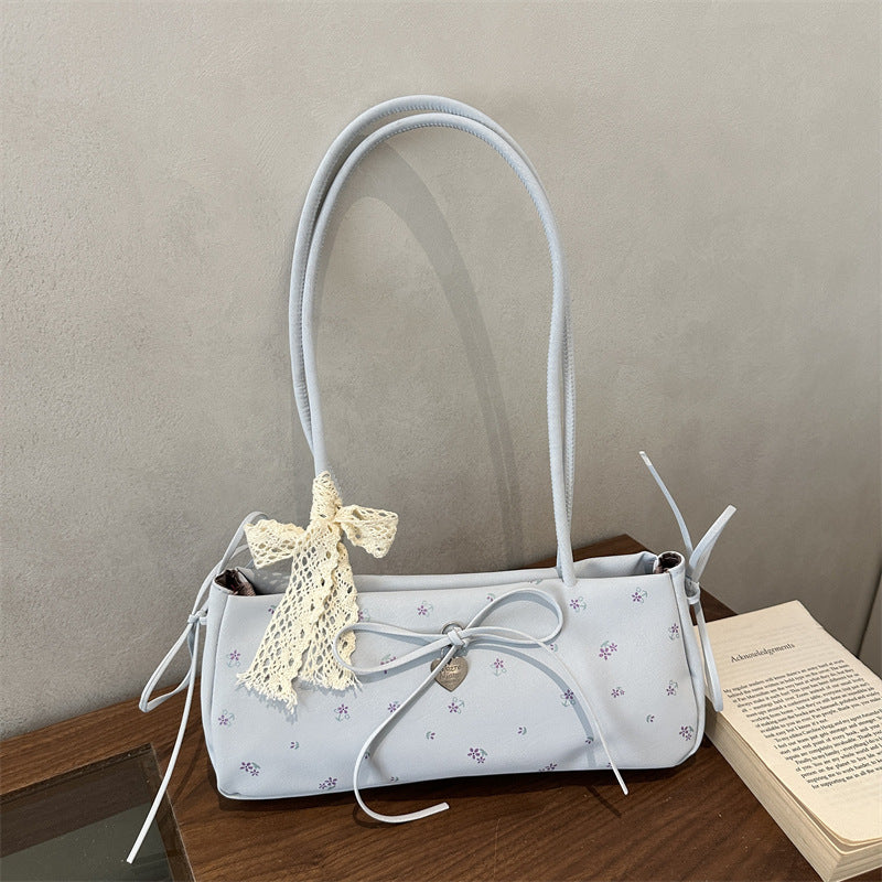 New Fashion Embroidered Handbag for Women Commuter's All-Matching Shoulder Underarm Bow Decoration Baguette Bag