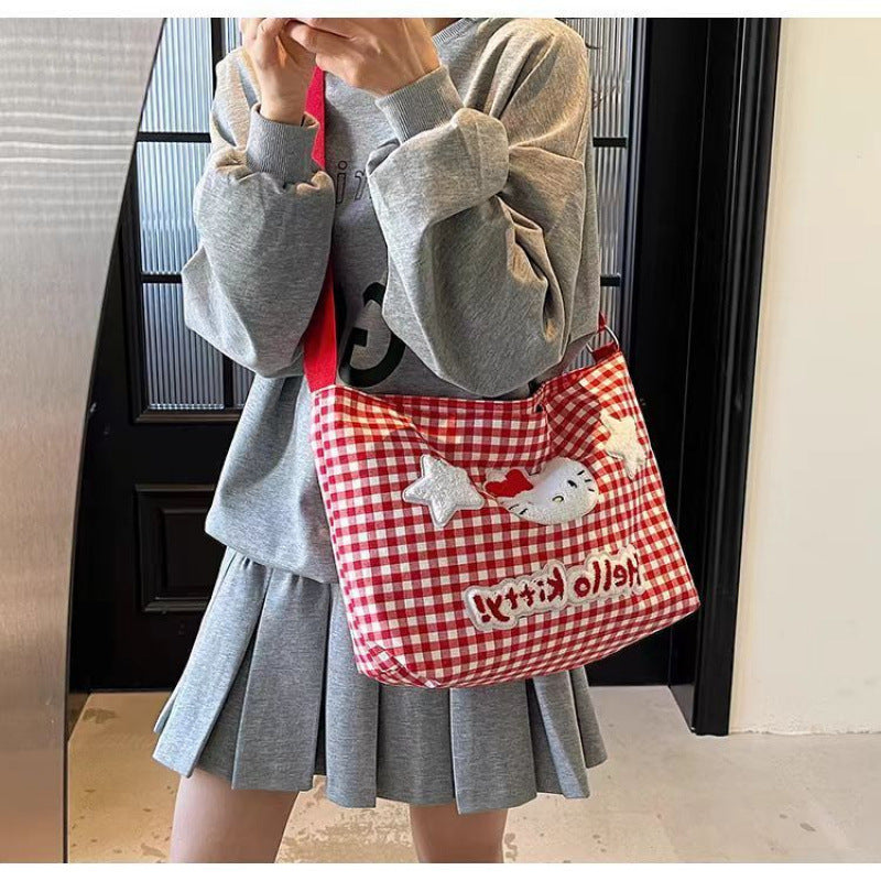 Cute Hellokitty Check Pattern Shoulder Bag Female Cartoon Large Capacity Crossbody Canvas Bag