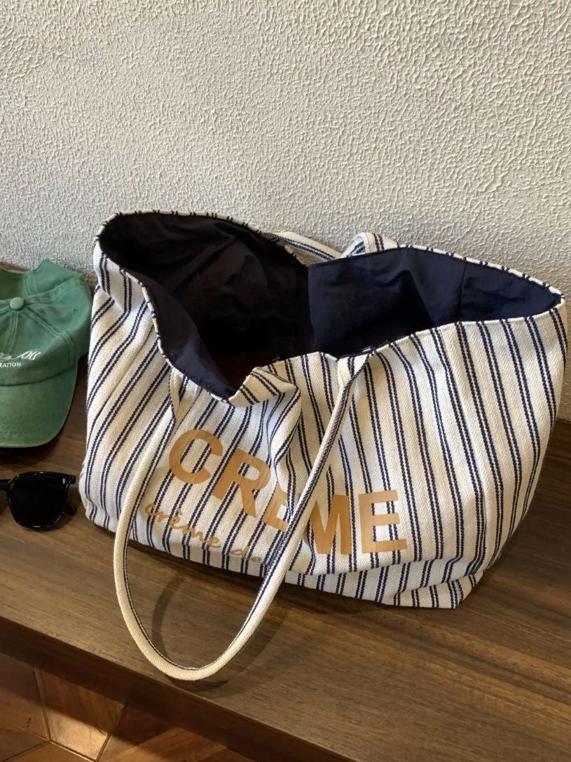 Stylish Striped Tote Bag 2025 Spring Fashion Canvas Shoulder Bag with Gold Lettering and Spacious Design for Daily Use
