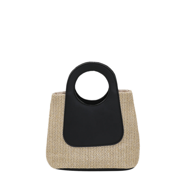 2024 Summer Retro Color-Blocking Woven Tote Bag, Large Capacity Handcrafted Straw Bag, Simple Fashion Shoulder Handbag with Circular Handle