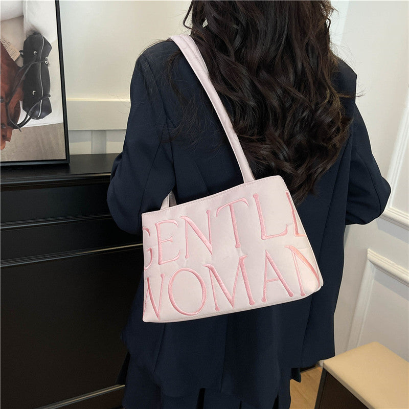 Elegant Embroidered Letter Tote Bag for Women, Stylish Satin Design with Double Handles and Zipper Closure