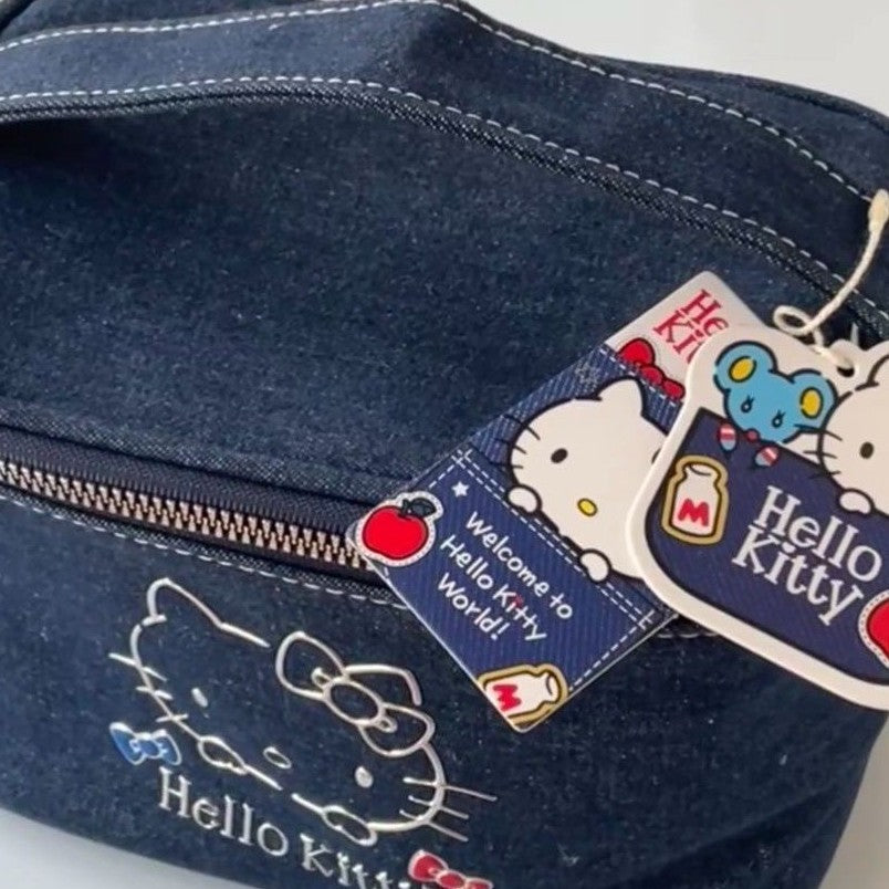 Cute Hello Kitty Denim Cosmetic Bag with Large Capacity and Zipper Closure for Daily Use