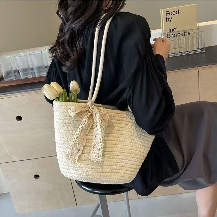 Summer Straw Tote Women's Lace Bow Knot Large Capacity Seaside Holiday Travel Shoulder Bag