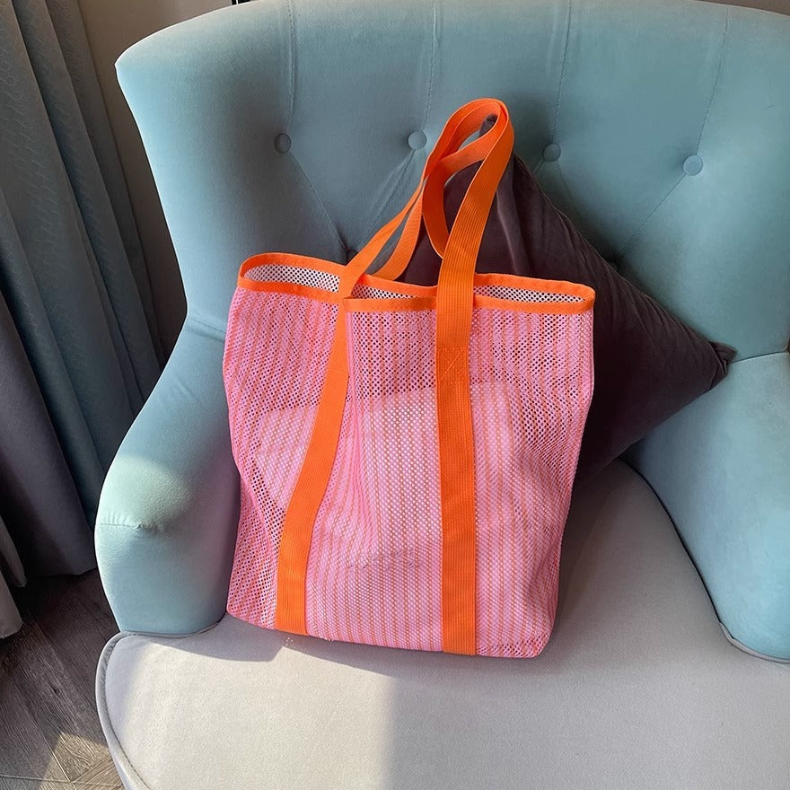 Mesh Tote Bag with Large Capacity for Beach Travel and Toy Storage, Stylish Urban Design
