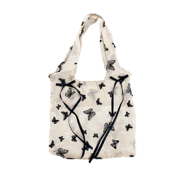 Korean Style Sheer Butterfly Embroidery Tote Bag with Bow Details for Beach Vacation and Daily Use