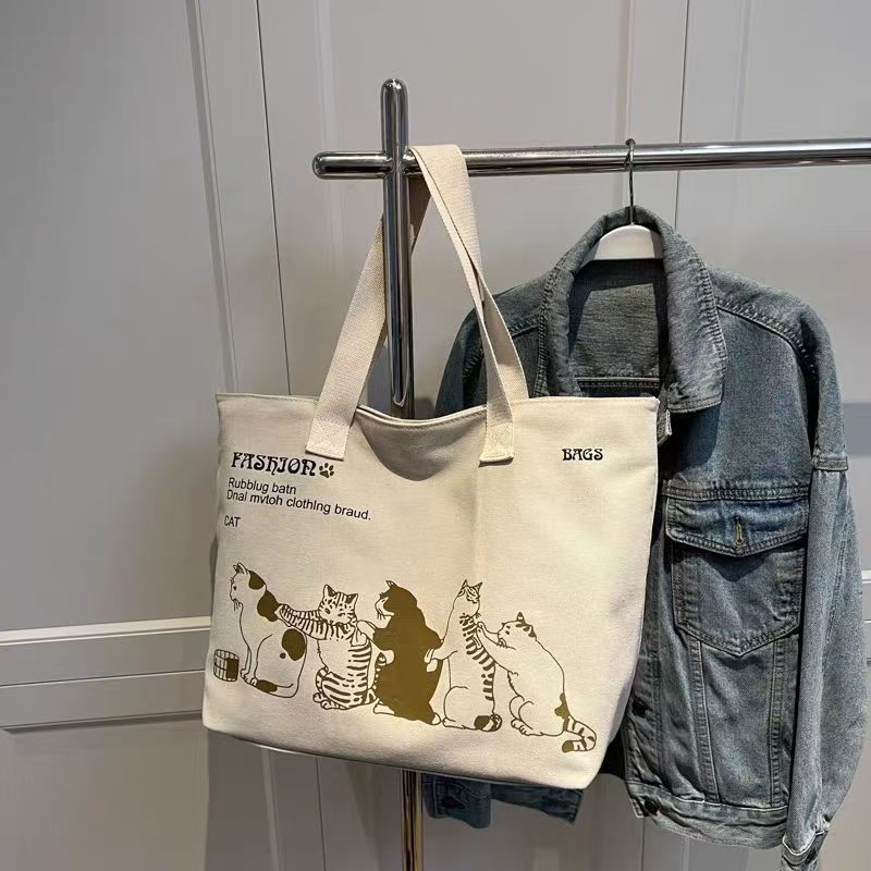 Fashionable Canvas Tote Bag with Cute Cat Print, Large Capacity Shoulder Bag for Daily Use and Travel