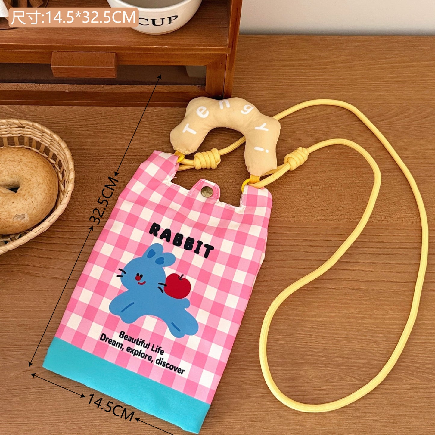 Cute Cartoon Mobile Phone Bag Adjustable Shoulder Strap Portable Daily Cute Cat Plaid Design Storage Messenger Bag