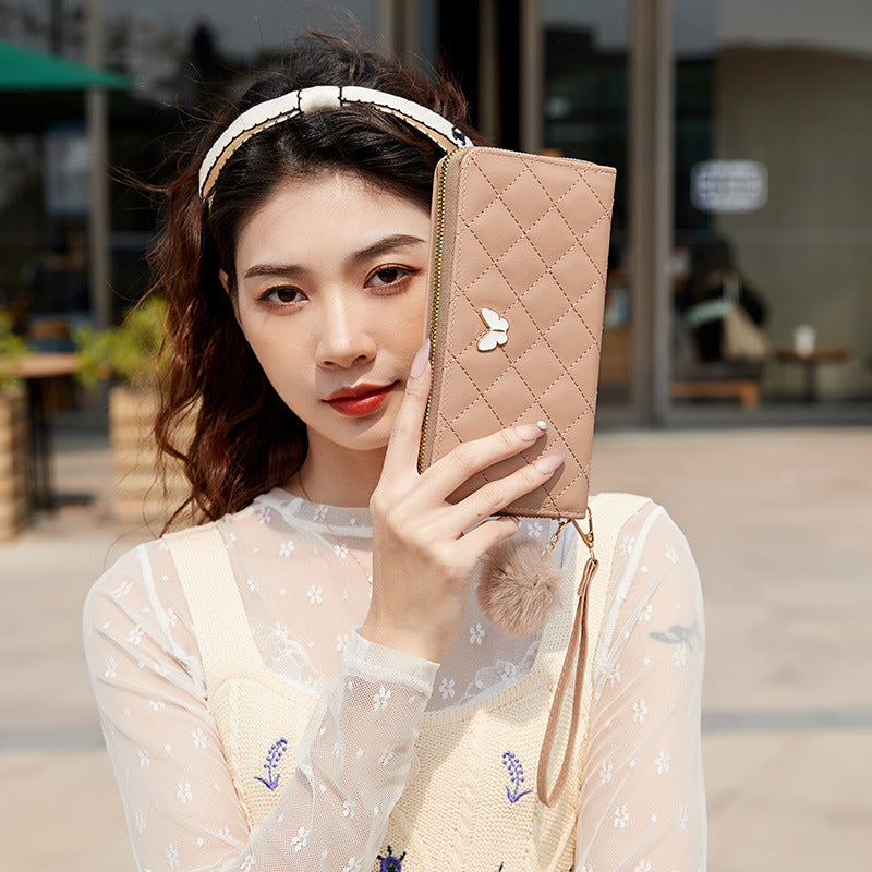 2023 Fashionable Quilted Wallet with Butterfly Charm and Pom-Pom, Multi-Card Slots for Everyday Use