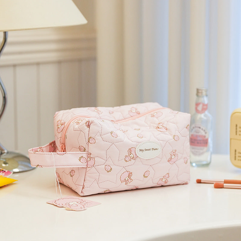 Cute Hello Kitty Quilted Cosmetic Bag with Cloud Design, Portable Travel Makeup Organizer for Women and Girls
