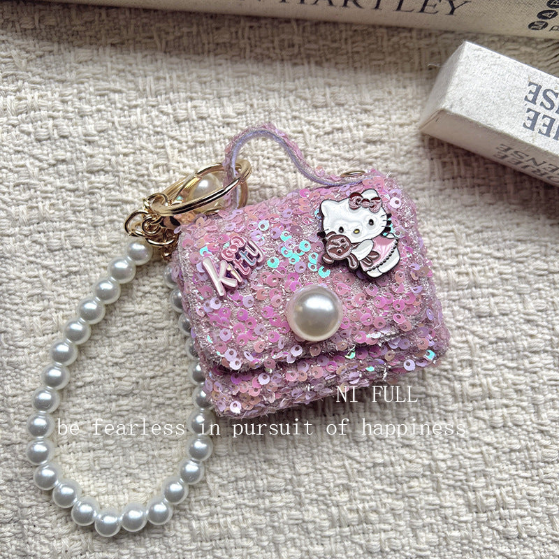 Korean Style New Retro Dots Cartoon Cat Lipstick Pack Pearl Exquisite High Sense Versatile Pendant Keychain for Women