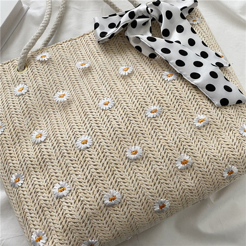 New Straw Woven Bag Women's Summer Fresh Simple Flower Woven Fashion Shoulder Tote Bag