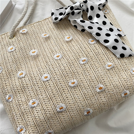 New Straw Woven Bag Women's Summer Fresh Simple Flower Woven Fashion Shoulder Tote Bag