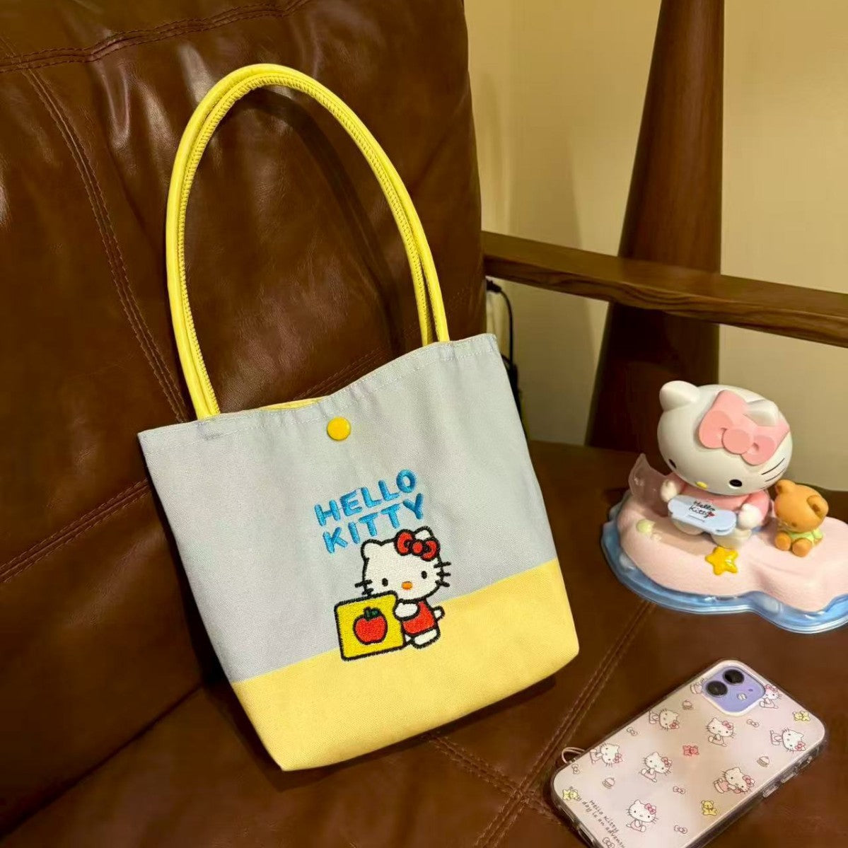Women's Shoulder Handbag Cute Hello Kitty Embroidery Cartoon Tote Bag Large Capacity