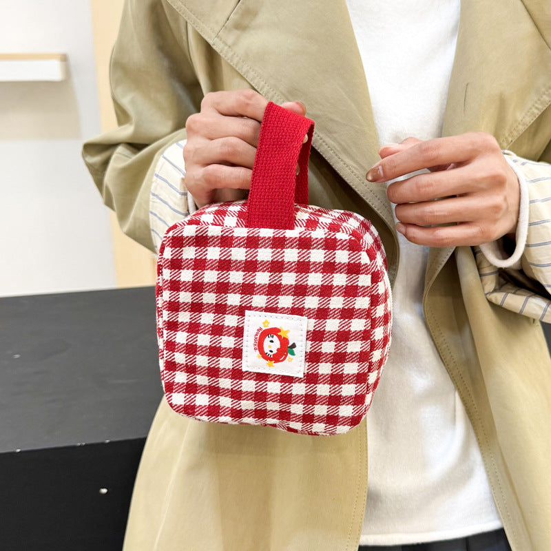 Cute Checkered Mini Cosmetic Bag with Cherry Hello Kitty Design, Perfect for Makeup and Daily Essentials