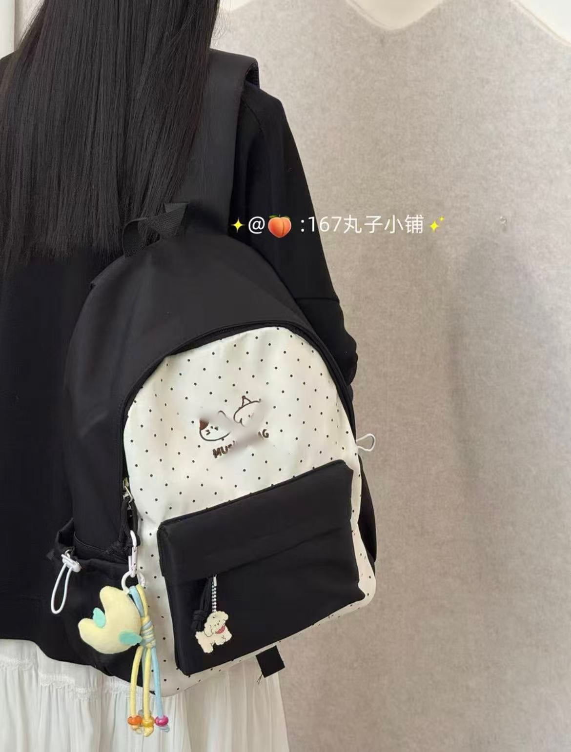 Cute Polka Dot Backpack with Embroidery Design for Girls, Fashionable and Durable School Bag with Front Pocket and Charm