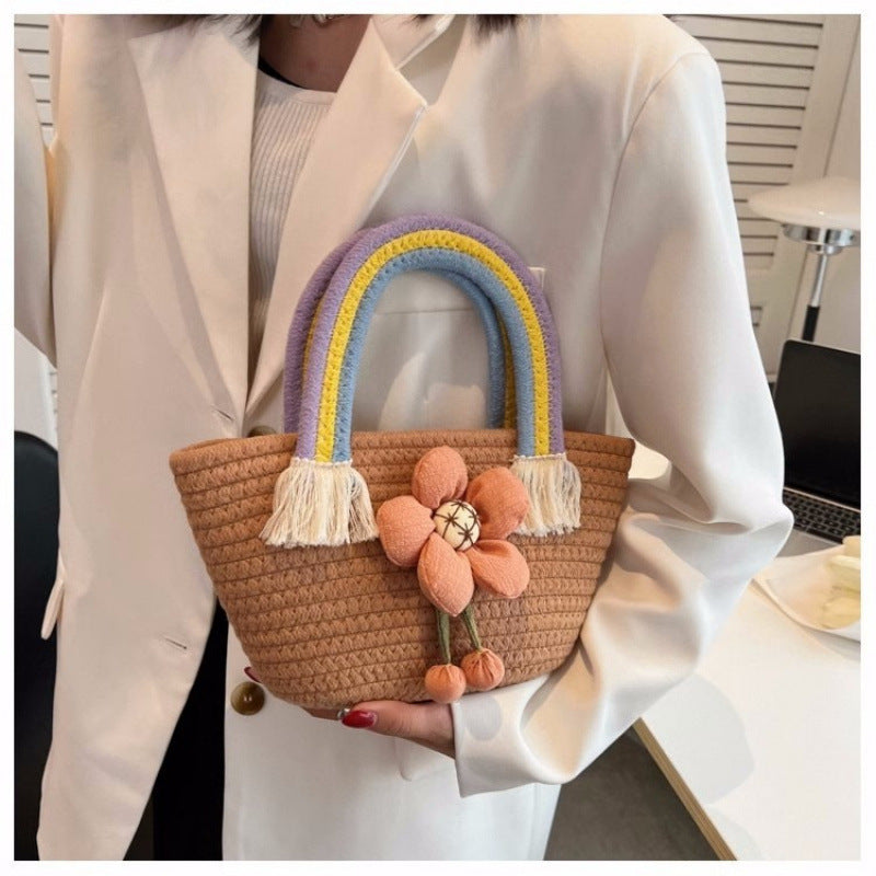 Sunflower Cotton String Woven Bag Straw Bag Baby Birthday Party Portable Cloud Beach Bag Basket