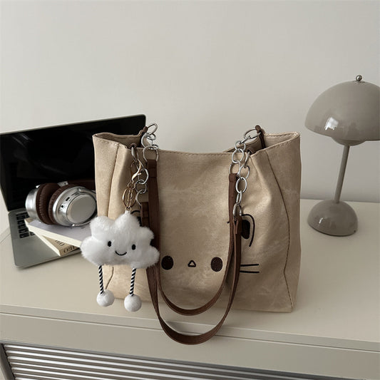 Cute Cat Print Tote Bag with Cloud Charm 2026 Spring New Korean Style Large Capacity Simple Shoulder Bag for Daily Use
