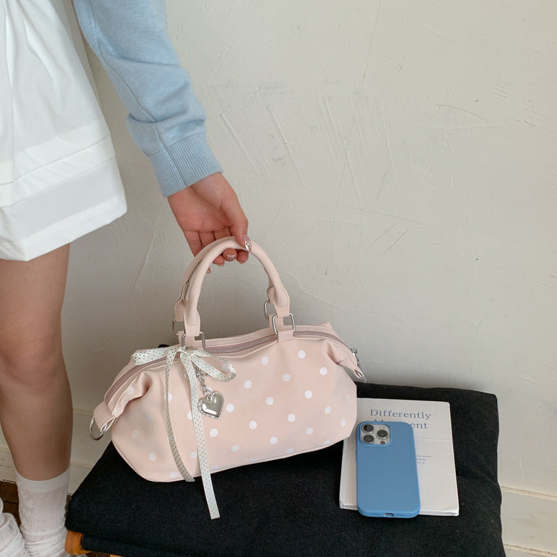 Chic Polka Dot Boston Bag for Women - Trendy Crossbody Handbag with Zipper Closure and Adjustable Strap