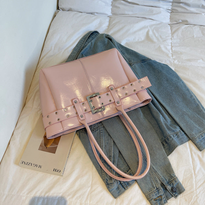 Tote Bag Women's Personality Belt Rivet Button Large Capacity Commuter Korean Style Fashion Simple Shoulder Underarm Handbag