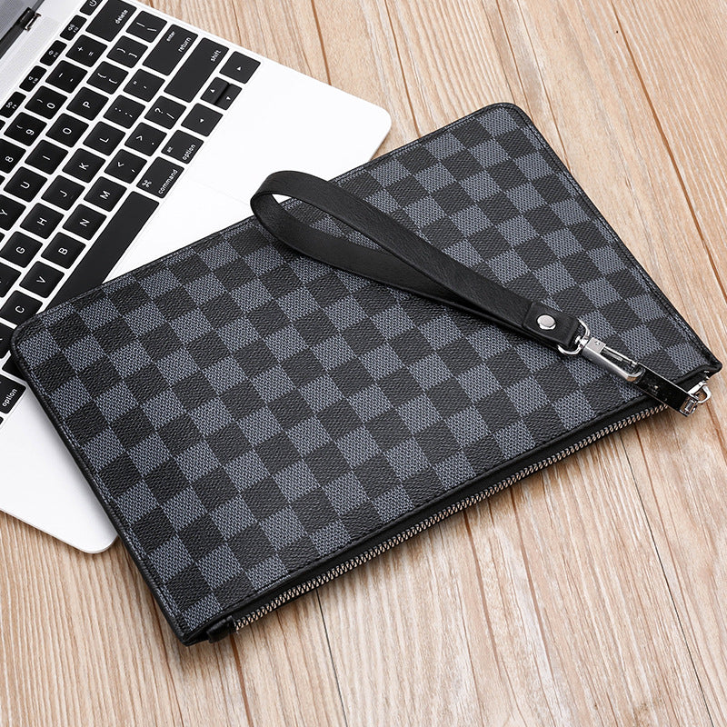 Vintage Checkered Men's Clutch Bag with Large Capacity and Fashionable Design for Daily Use