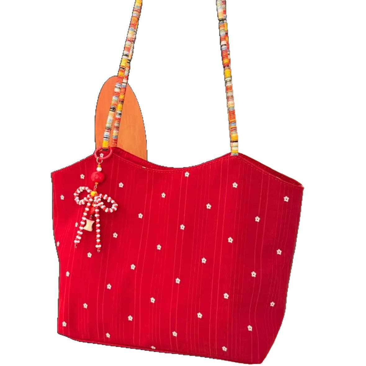 Korean Style Floral Canvas Tote Bag with Colorful Beaded Strap and Sweet Bow Charm for Daily Use