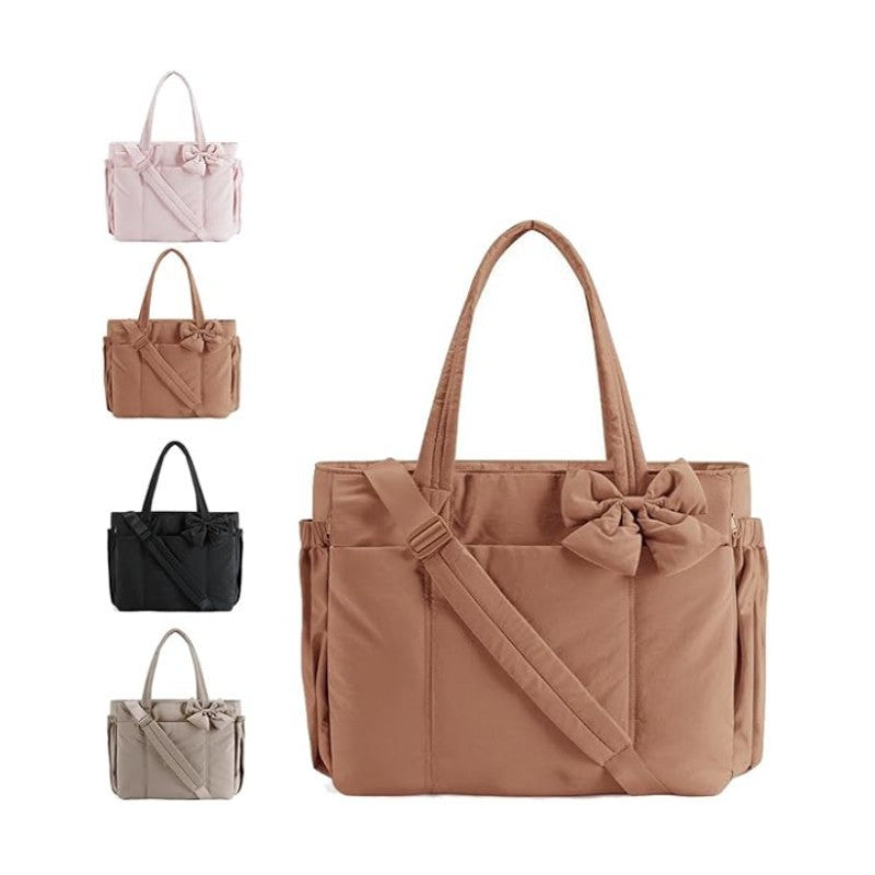 Large Capacity Tote Bag with Bow Detail, Nylon Casual Travel Shoulder Bag for Women, Multiple Pockets and Adjustable Strap