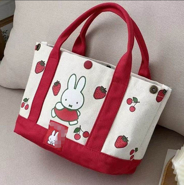Cute Miffy Rabbit Canvas Lunch Bag with Fruit Prints, Perfect for Students and Travel