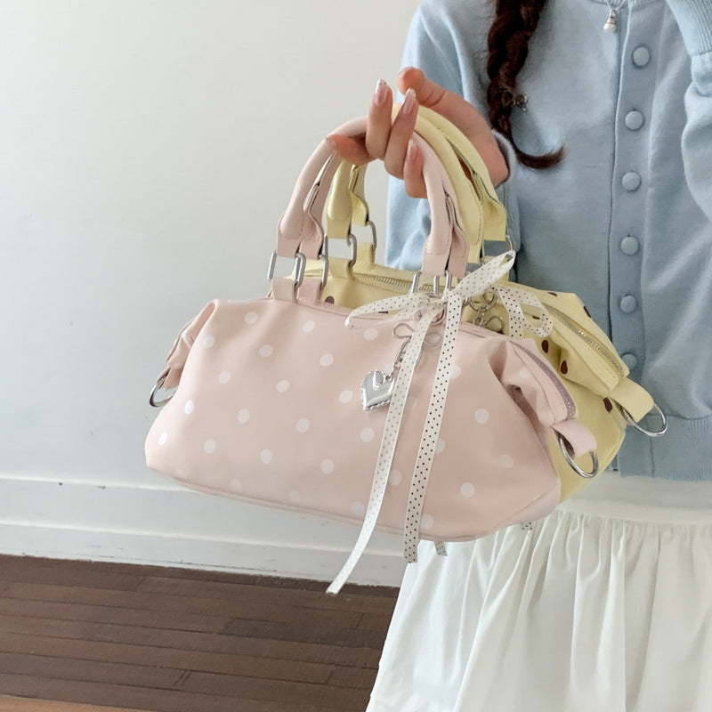 Chic Polka Dot Boston Bag for Women - Trendy Crossbody Handbag with Zipper Closure and Adjustable Strap
