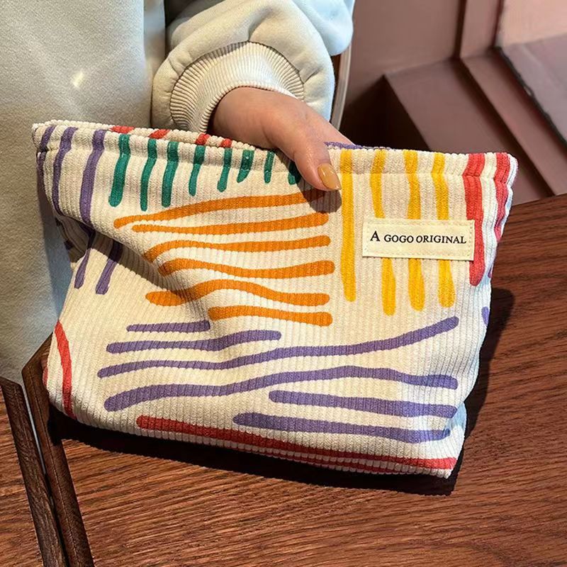 Ladies Cosmetic Bag Fashion Corduroy Contrast Color Striped Make-up Bag Cosmetic Bag Portable Travel Daily Storage Toiletry Bag