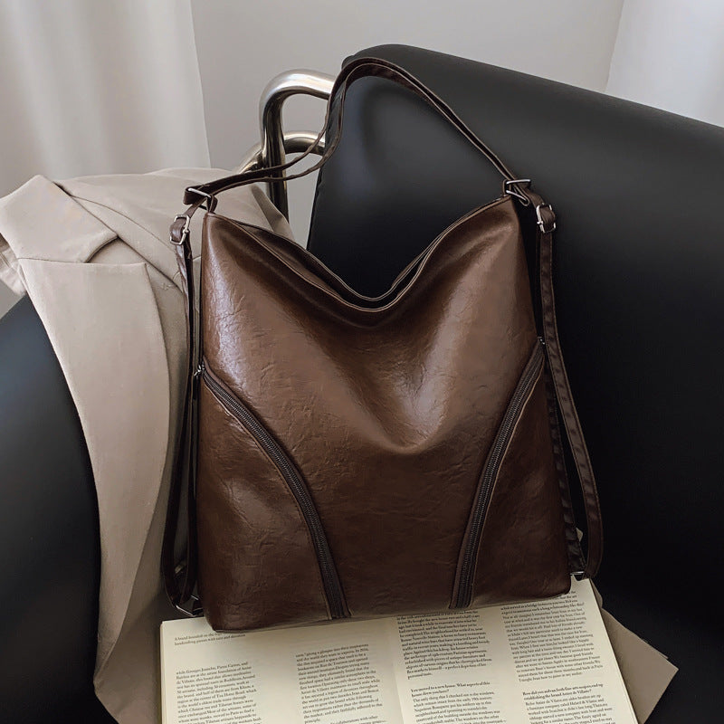 Vintage Fashion Large Capacity Soft PU Shoulder Bag with Zipper Closure and Stylish Stitching Details