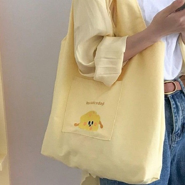 Cute Japanese Harajuku Style Tote Bag with Cartoon Print, Large Capacity Canvas Shoulder Bag for Daily Use and School
