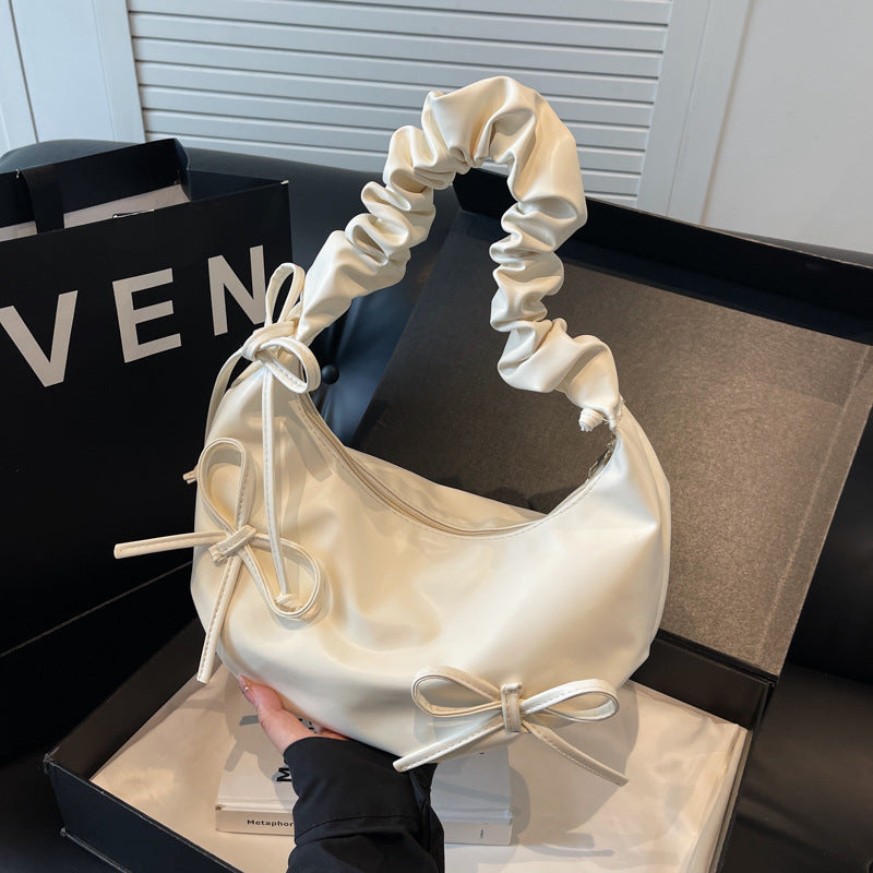 2024 New Sweet Pleated Shoulder Bag with Bow Design Soft Cloud Shape Crossbody Bag for Women