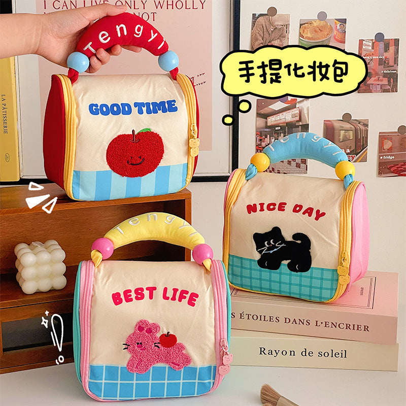 Cute Portable Cosmetic Bag Female Dopamine Contrast Color Large Capacity Portable Toiletry Bag Travel Cosmetics Classification Storage Bag