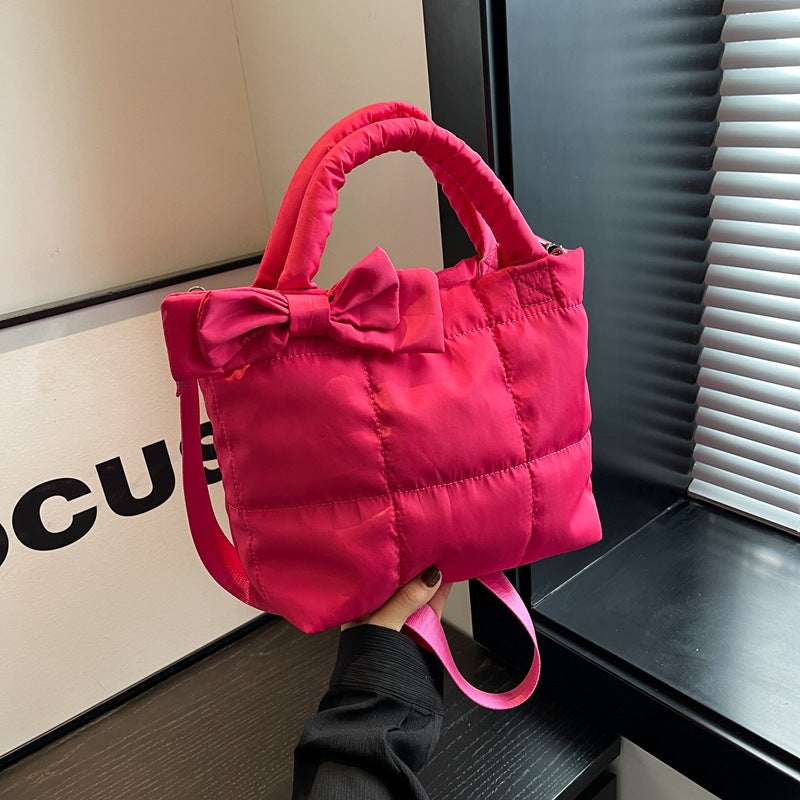 Women's Shoulder Bag Large Capacity Rhombus Solid Color Minimalist Bowknot New Astronaut Bag Cotton Jacket Bag