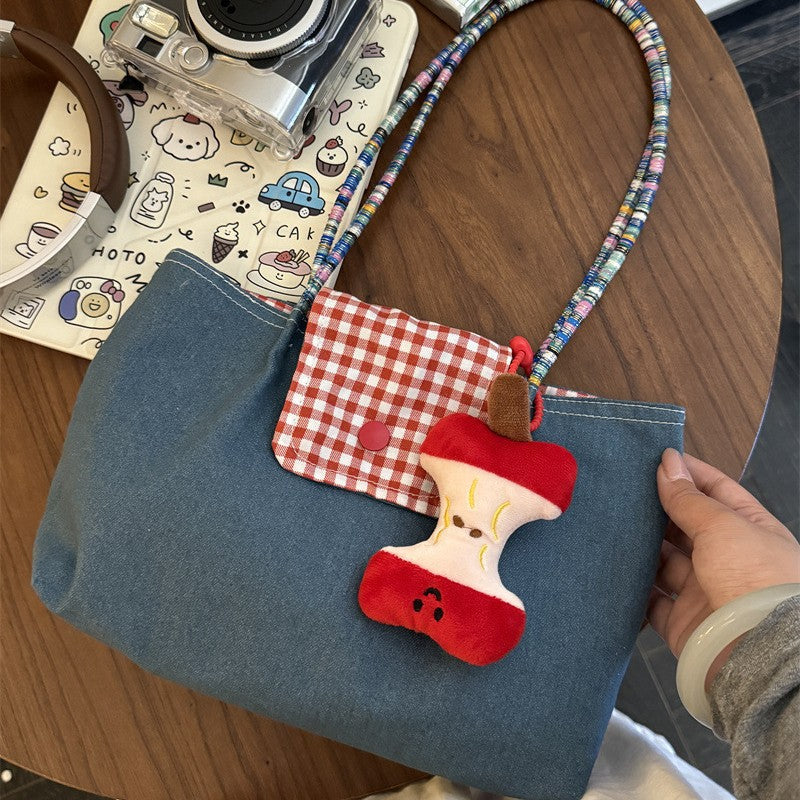 New Large Capacity Denim Shoulder Portable Checked Canvas Bag All-Match Commute Retro Casual Tote Bag Women