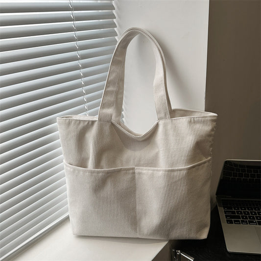 Corduroy Bag Women's Korean-Style Large Capacity New Pure Color Artistic Student Shoulder Tote Bag