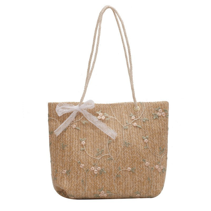 New Korean Style Women's Tote Straw Lace Embroidered Shoulder Bag Large Capacity Fashion Bucket Bag Women's Everyday Joker Handbag