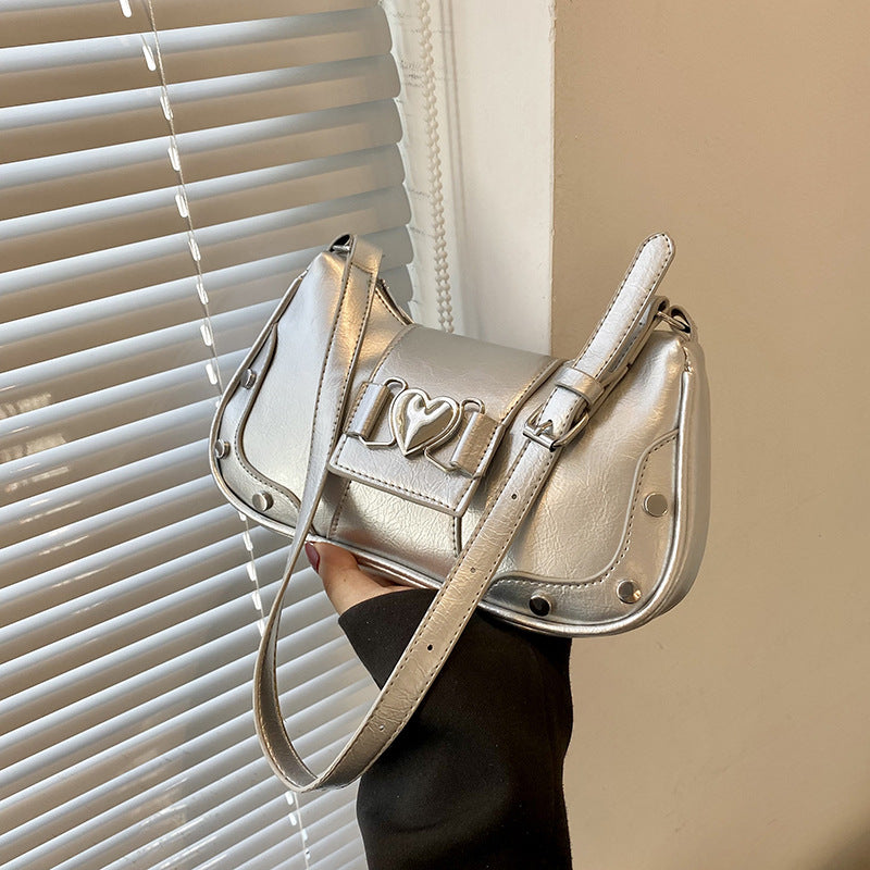 Chic Minimalist Shoulder Bag with Heart Buckle Design for Women, Trendy Crossbody Bag with Rivet Details