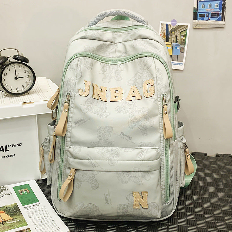 Fashionable Letter Print Backpack for Kids and Students, Breathable Nylon School Bag with Cute Bear Pattern