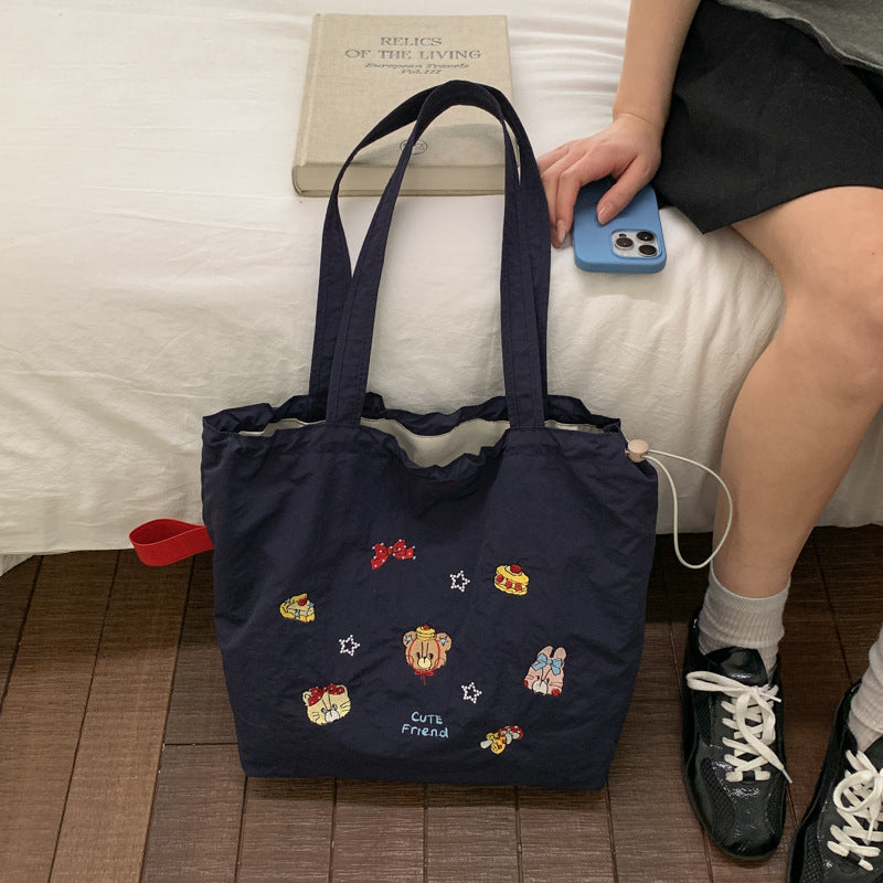 Cute Embroidered Puppy Tote Bag for Women, Large Capacity Shoulder Bag with Drawstring Closure, Perfect for Daily Commute and School