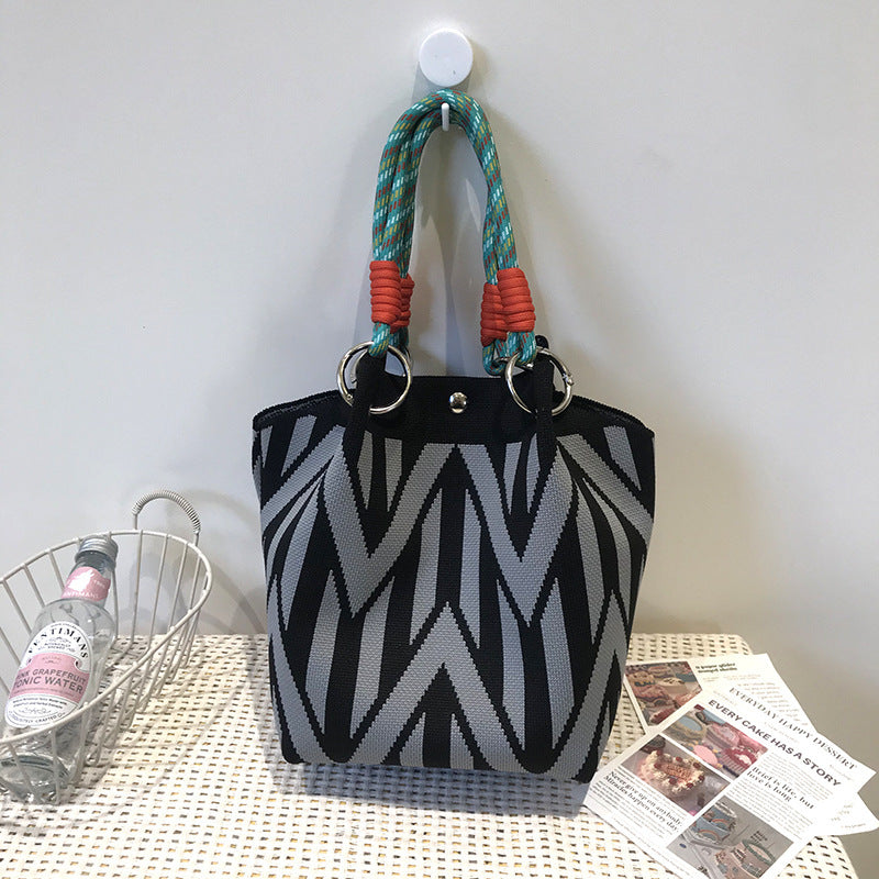 Black and White Rhombus Knitted Tote Bag Women's Casual Versatile Large Capacity Messenger Bag Handbag