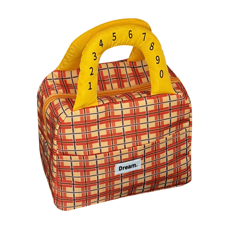 Contrast Color Check Portable Lunch Bag Female Student Large Capacity Insulated Bag Commuter with Meal Lunch Bag
